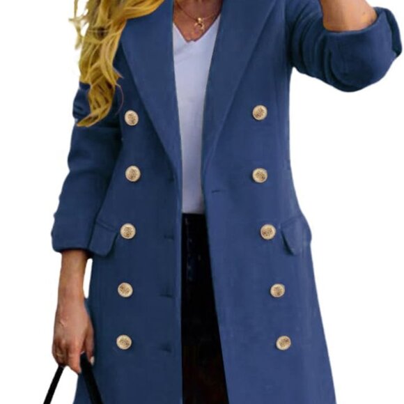 Womens Fall Winter Wool Coats Double Breasted Midi Peacoat Trench Coats - Picture 1 of 3